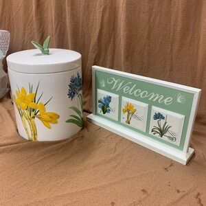 Floral Ceramic Canister and Welcome Sign